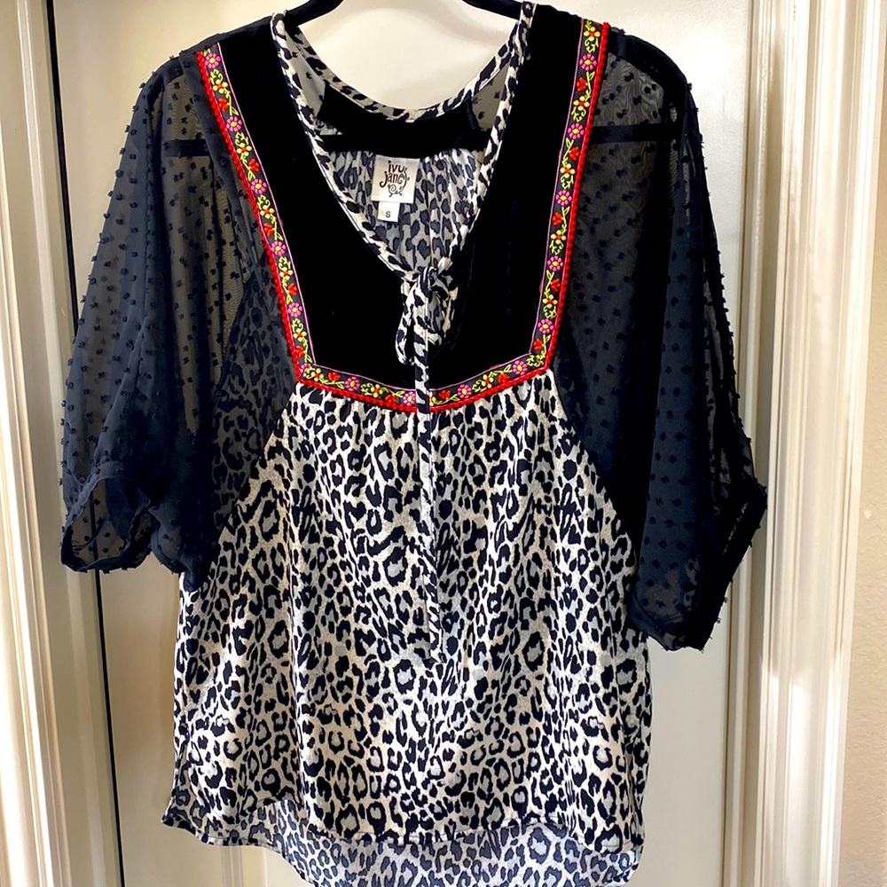 Ivy Jane Animal Print Blouse with Sheer Dolman Sleeves with Velvet Bodice Trim